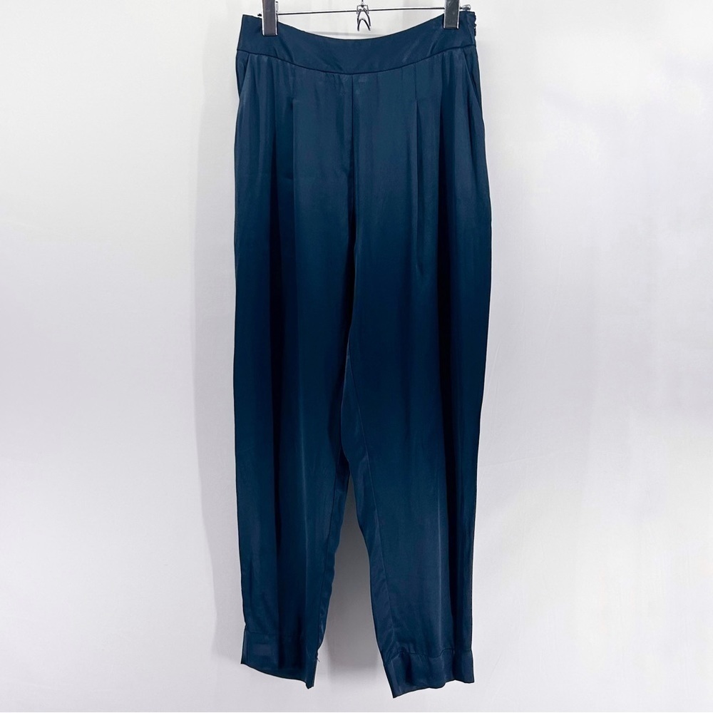 Anthropologie Ett:Twa Teal Satin High Waisted Tapered Pants Tie Back Size 2 Nwt
